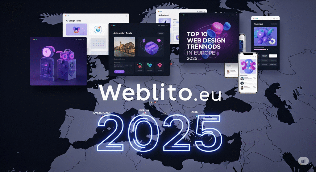 Minimalist European workspace with modern website layout on laptop screen